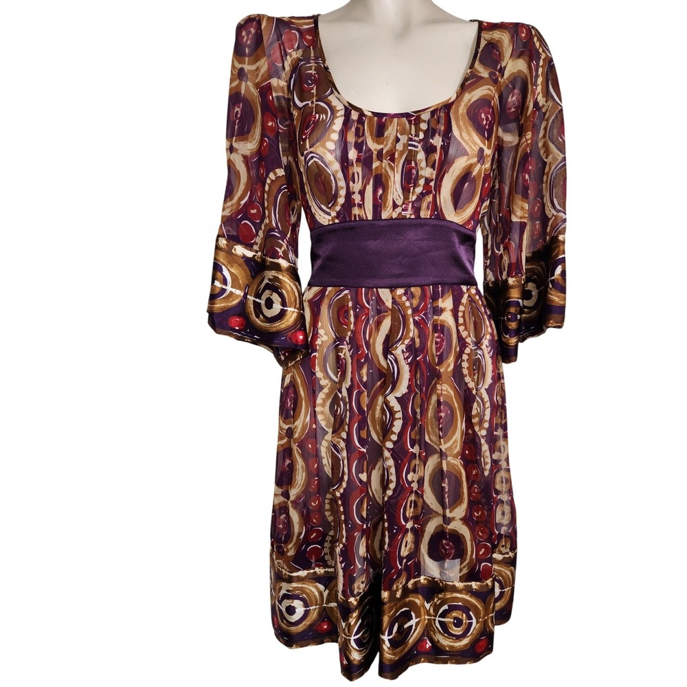 Gianni Bini Purple Geometric Print Chiffon Bell Sleeve sheer Mini Dress 8
Retro